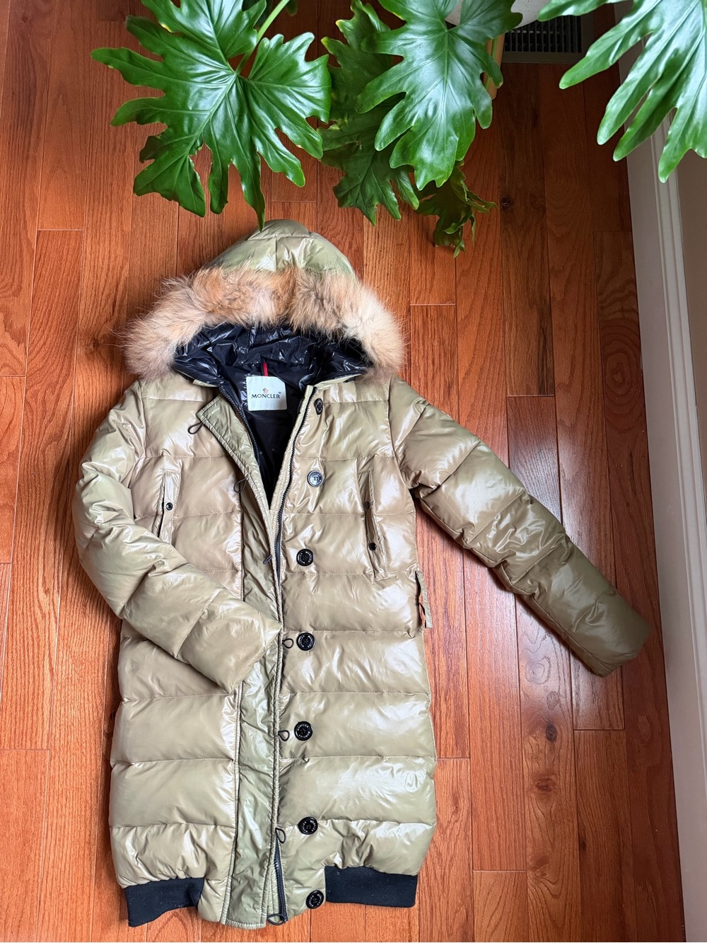 Moncler Olive Green Quilted Down Parka with Fur-Trim Hood